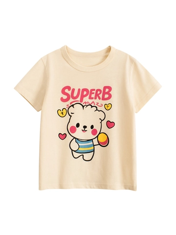 Maglietta da Bambina in 100% Cotone a Manica Corta Carino Orso Cartone Animato Superb Stampa Estate Stile Coreano Casual Girocollo Morbido Top