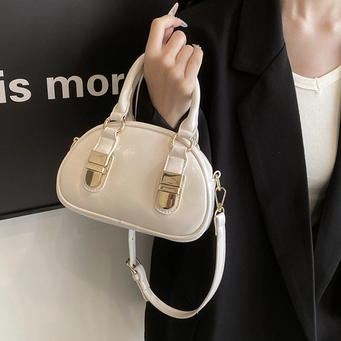 Damen Mini Bowling Tasche Glänzendes PU Leder Retro Griff Boston Handtasche Mit Verstellbarem Umhängeriemen Goldene Schnalle