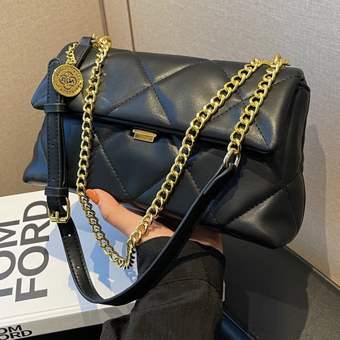 Damen Gesteppte Rauten-Kettentasche PU-Leder Goldene Hardware Quadratisches Schloss Umhängetasche Elegante Kleine Tasche