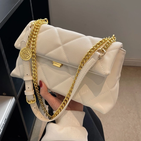 Damen Gesteppte Rauten-Kettentasche PU-Leder Goldene Hardware Quadratisches Schloss Umhängetasche Elegante Kleine Tasche