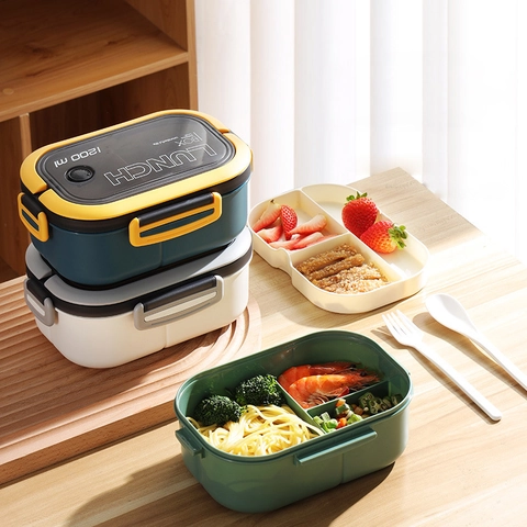 Fiambrera Portátil de Doble Capa PP Silicona a Prueba de Fugas Apto para Microondas Bento Box Con Utensilios Para Oficina Escuela Adultos Contenedor de Comida