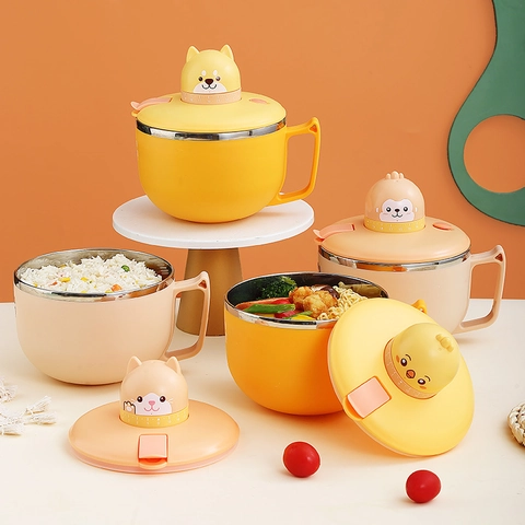 Stainless Steel Instant Noodle Bowl With Mechanical Timer Heat Insulated Soup Bowl With Lid Handle For Students Adults Cartoon Design