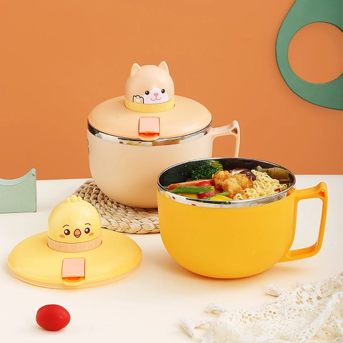 Stainless Steel Instant Noodle Bowl With Mechanical Timer Heat Insulated Soup Bowl With Lid Handle For Students Adults Cartoon Design