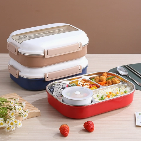 Grote Capaciteit 304 Roestvrij Stalen Bento Box Met Besteck En Soepkom Vijf Compartimenten Geïsoleerde Lunchbox Voor Kantoor School Volwassenen Studenten