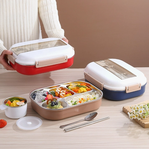 Grote Capaciteit 304 Roestvrij Stalen Bento Box Met Besteck En Soepkom Vijf Compartimenten Geïsoleerde Lunchbox Voor Kantoor School Volwassenen Studenten