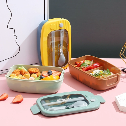 Caja de Almuerzo Portátil Dividida Con Juego de Cubiertos Apta para Microondas de PP Alimentario Bento para Escuela Oficina Adultos
