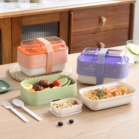 Portapranzo in Plastica a Doppio Strato Portatile Moderno Semplice Adatto al Microonde Ermetico Bento Box Con Posate e Scatola per Salse per Ufficio Scuola Picnic