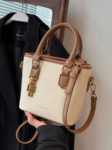 Dames Retro PU Leren Handtas Litchi Patroon Tote Schoudertas Met Beer Hanger Stedelijke Eenvoudige Stijl