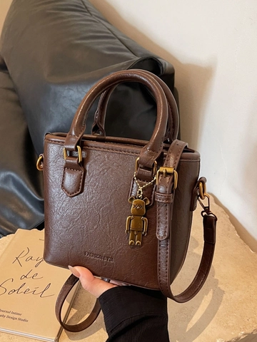 Dames Retro PU Leren Handtas Litchi Patroon Tote Schoudertas Met Beer Hanger Stedelijke Eenvoudige Stijl