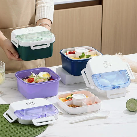 Boîte à Déjeuner Portable Double Couche Avec Compartiments Pot à Sauce Et Couverts Compatible Micro-ondes