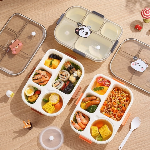Divided Microwaveable Lunch Box With Latch Lid Cute Cartoon Animal Print Plastic Portable Bento Box For Students Office