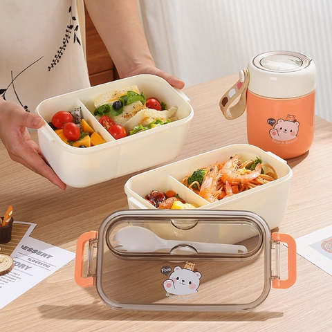Simpatica Scatola da Pranzo Portatile a Forma di Orso Cartone Animato Con Scomparto per Posate Bento Box per Studenti Ufficio