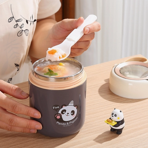 Tasse à Soupe Isotherme en Acier Inoxydable 304 Récipient Alimentaire Thermique Portable Dessin Animé Ours Panda Avec Cuillère Pliante Tasse de Petit Déjeuner Étanche pour Enfants Bureau Étudiants