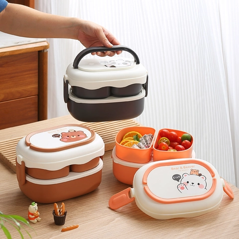 Portapranzo Portatile a Doppio Strato Bento Box Adatto al Microonde Con Maniglia E Posate Motivo Orso Cartone Animato PP