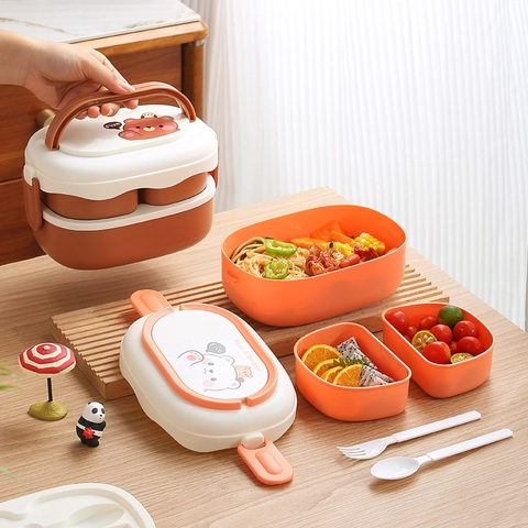 Portapranzo Portatile a Doppio Strato Bento Box Adatto al Microonde Con Maniglia E Posate Motivo Orso Cartone Animato PP