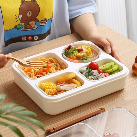 INS Cartoon Bear Panda Divided Lunch Box 4 Compartments Microwave Safe PP Plastic Bento Box For Students Office With Sealing Ring