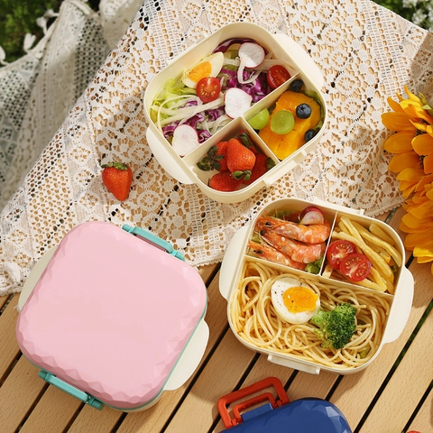 Portable Divided Bento Box Microwave Safe Lunch Box With Side Buckles For Office School Students Picnic Food Storage