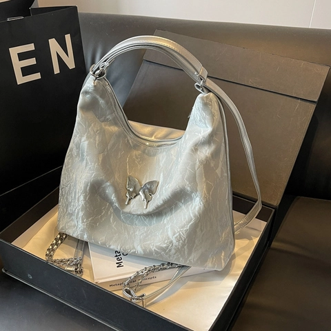 Vintage Crinkled PU Leather Large Hobo Shoulder Bag For Women Fashion Butterfly Decor Commuter Casual Crossbody Handbag