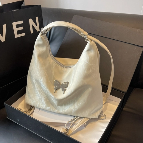 Vintage Crinkled PU Leather Large Hobo Shoulder Bag For Women Fashion Butterfly Decor Commuter Casual Crossbody Handbag