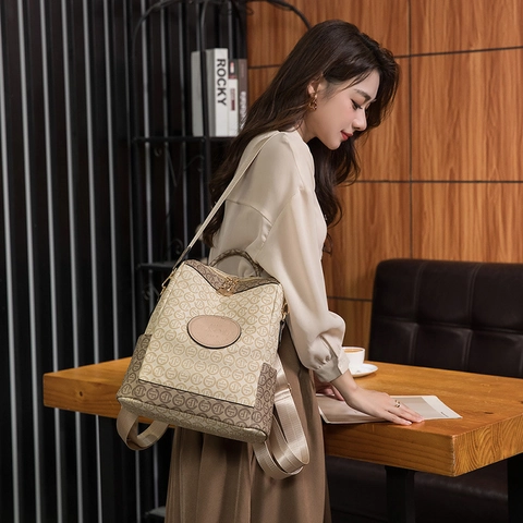 Mode Monogram Print Dames Rugzak PU Leer Grote Capaciteit Waterdicht Vintage Stijl Voor Reizen Woon Werkverkeer