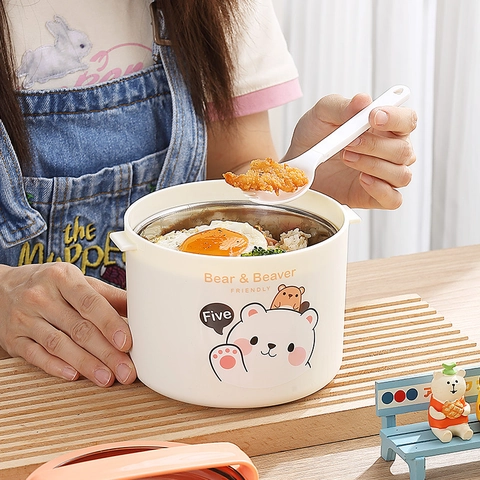 Boîte à Déjeuner Portable en Acier Inoxydable 304 Avec Design Ours Dessin Animé Boîte Bento Isotherme pour Étudiants Bureau