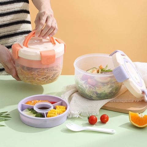 Boîte à Déjeuner Ronde en Plastique Portable Avec Poignée Compatible Micro-ondes Compartiment Bento Pour Salade Fruits Bureau