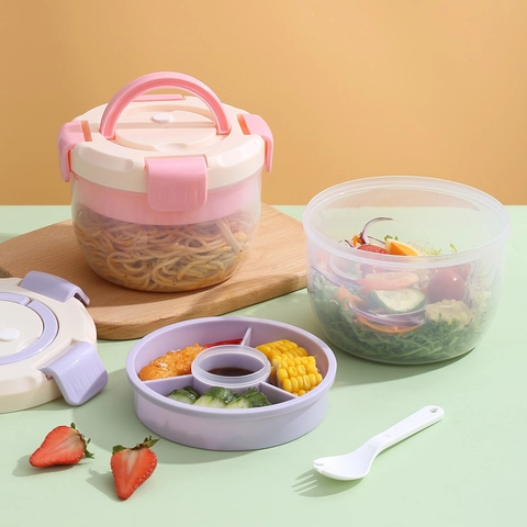 Boîte à Déjeuner Ronde en Plastique Portable Avec Poignée Compatible Micro-ondes Compartiment Bento Pour Salade Fruits Bureau