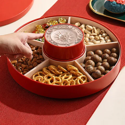 Red Rotating Candy Box With Compartments Plastic Multi-Grid Snack Storage Tray For Nuts Sweets Decorative Fruit Plate