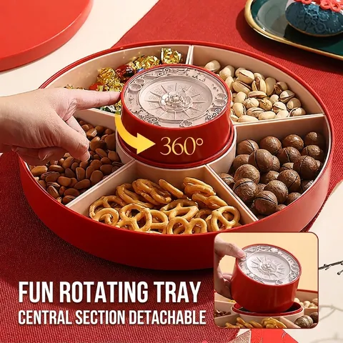Red Rotating Candy Box With Compartments Plastic Multi-Grid Snack Storage Tray For Nuts Sweets Decorative Fruit Plate