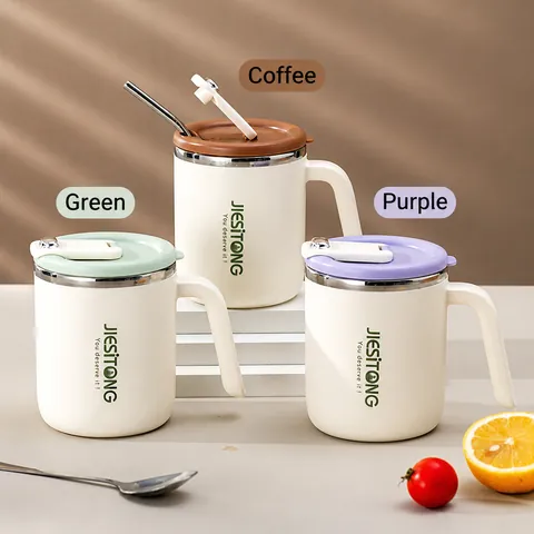 Mug Isotherme en Acier Inoxydable 304 Avec Poignée et Couvercle Double Paroi Portable Tasse à Eau de Bureau pour Boissons Chaudes Froides