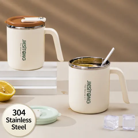Mug Isotherme en Acier Inoxydable 304 Avec Poignée et Couvercle Double Paroi Portable Tasse à Eau de Bureau pour Boissons Chaudes Froides