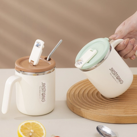 Taza de Café Térmica de Acero Inoxidable 304 Con Mango y Tapa Doble Capa Portátil Taza de Agua de Oficina para Bebidas Frías Calientes