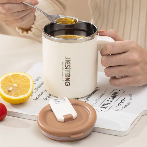 Taza de Café Térmica de Acero Inoxidable 304 Con Mango y Tapa Doble Capa Portátil Taza de Agua de Oficina para Bebidas Frías Calientes