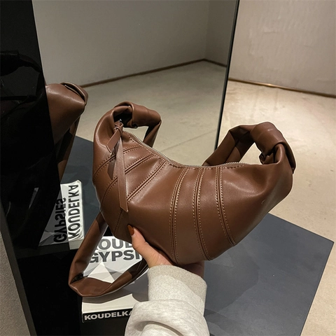 Croissant Shoulder Bag PU Leather Crescent Moon Shape Pleated Stitching Knot Handle Urban Minimalist For Women Handbag
