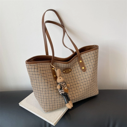 Borsa Tote da Donna alla Moda con Motivo Pied de Poule Grande Capacità in Tela Borsa a Tracolla Retrò per Pendolari con Simpatico Ciondolo a Coniglio