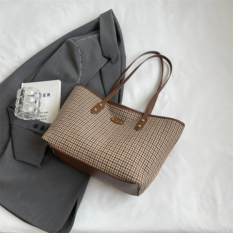 Borsa Tote da Donna alla Moda con Motivo Pied de Poule Grande Capacità in Tela Borsa a Tracolla Retrò per Pendolari con Simpatico Ciondolo a Coniglio