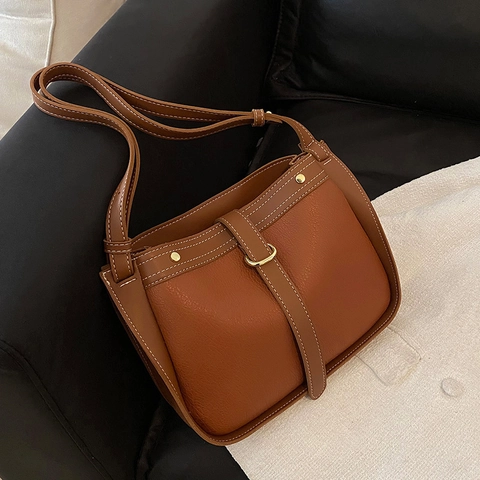 Bolso de Hombro Retro de Cuero PU para Mujer con Costuras en Contraste y Textura de Lichi Bolso Bandolera con Hebilla
