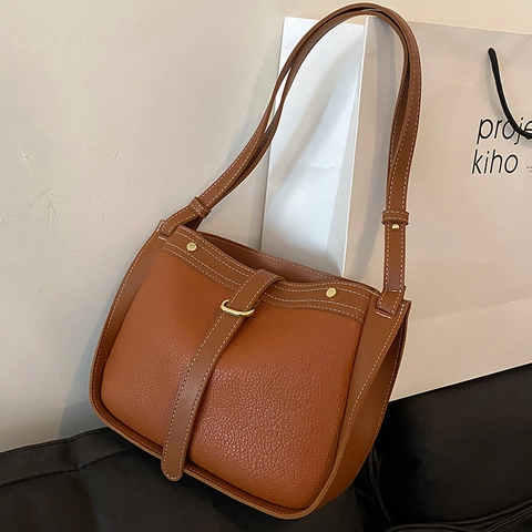 Bolso de Hombro Retro de Cuero PU para Mujer con Costuras en Contraste y Textura de Lichi Bolso Bandolera con Hebilla