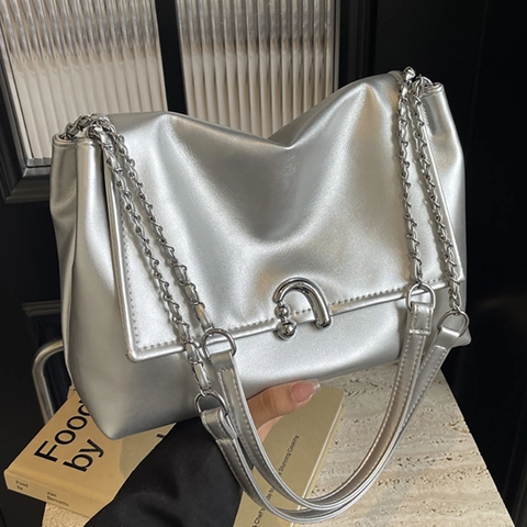 Borsa A Spalla Da Donna In Pelle PU Con Tracolla A Catena E Chiusura In Metallo A U Moda Grande Capacità Borsa Sottobraccio