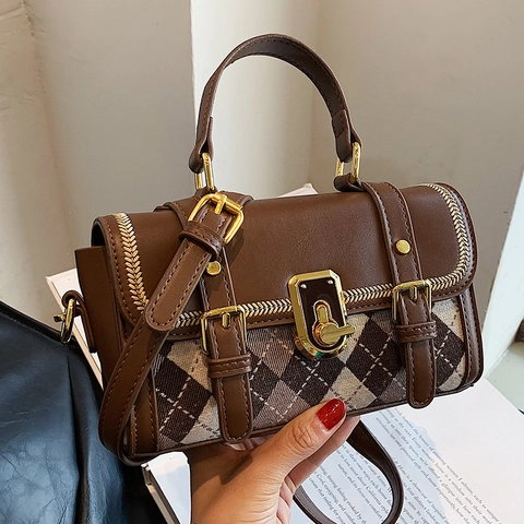 Borsa a Tracolla Vintage da Donna in Pelle PU e Tessuto Patchwork Motivo Argyle Piccola Borsa Quadrata Con Chiusura a Girello Oro