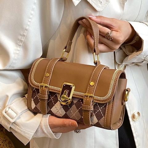 Borsa a Tracolla Vintage da Donna in Pelle PU e Tessuto Patchwork Motivo Argyle Piccola Borsa Quadrata Con Chiusura a Girello Oro