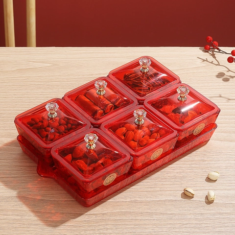Plateau À Fruits Divisé Boîte De Rangement Snacks Plastique Rouge Translucide Avec Couvercles Et Base Pour Mariage