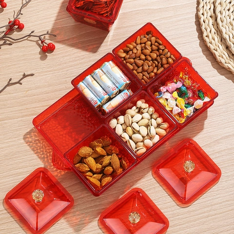 Plateau À Fruits Divisé Boîte De Rangement Snacks Plastique Rouge Translucide Avec Couvercles Et Base Pour Mariage