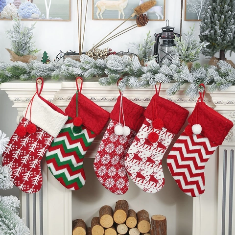 Knitted Christmas Stockings With Pompoms Reindeer Snowflake Tree Pattern Red White Green Large Xmas Gift Bags For Fireplace Holiday Home Decor