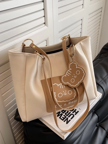 Damen Große Kapazität PU Leder Tote Bag Cartoon Bär Druck Mode Pendeln Umhängetasche Mit Anhänger Handtasche