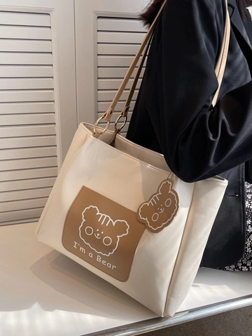 Damen Große Kapazität PU Leder Tote Bag Cartoon Bär Druck Mode Pendeln Umhängetasche Mit Anhänger Handtasche