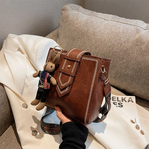 Sac Bandoulière Carré en Cuir PU Vintage pour Femme Couture Contrastée Large Sangle Ethnique Petit Sac à Main Épaule