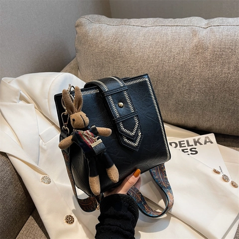 Sac Bandoulière Carré en Cuir PU Vintage pour Femme Couture Contrastée Large Sangle Ethnique Petit Sac à Main Épaule