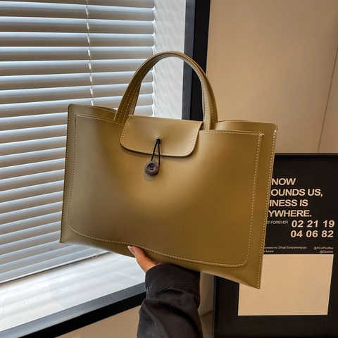 Women PU Leather Tote Handbag Large Capacity Simple Solid Color Button Closure Professional Commute Office Bag