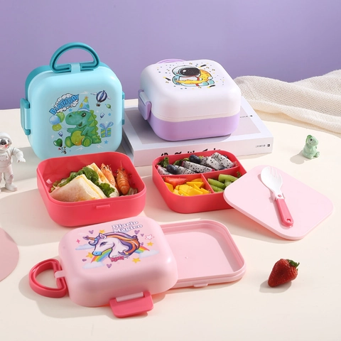 Porta Pranzo Bento Cartoon Bambini Contenitore Multi Strato Scomparti Microonde Plastica PP Con Utensili Scuola Ufficio